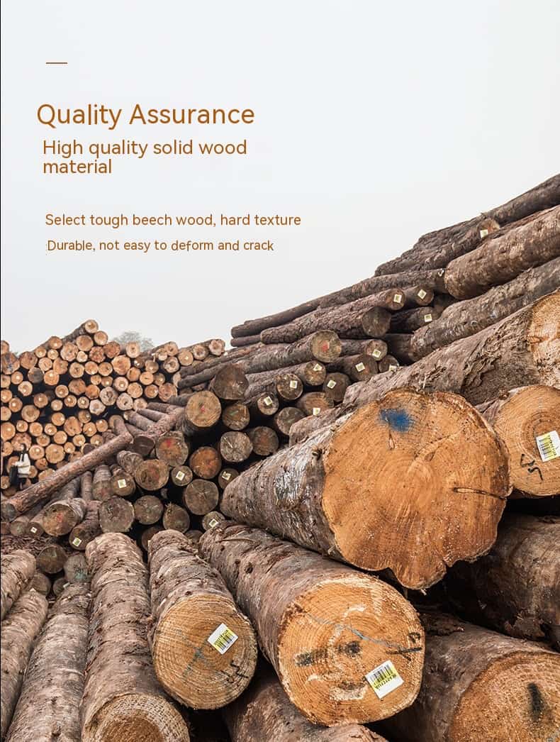 Stack of logs with text about quality assurance and solid wood material. organic wooden rattle set bleu ribbon baby