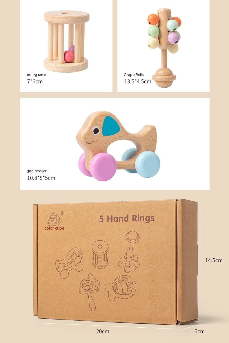 Collage of baby toys including a wooden rattle, teething ring, and a box with illustrations of toys on a beige background. bleu ribbon baby