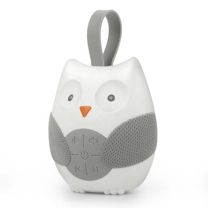 A baby sleeping next to a gray and white owl-shaped crib music box. Owl Baby Crib Music Box Soothing Sleep Aid 
