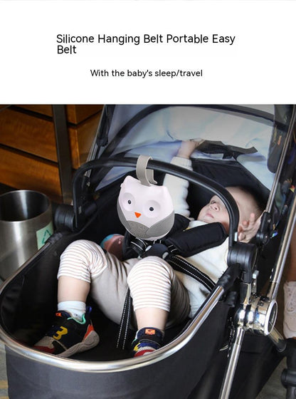 Baby in a stroller with a silicone hanging belt and toy, with text 'Silicone Hanging Belt Portable Easy Belt' and 'With the baby's sleep/travel'. bleu ribbon