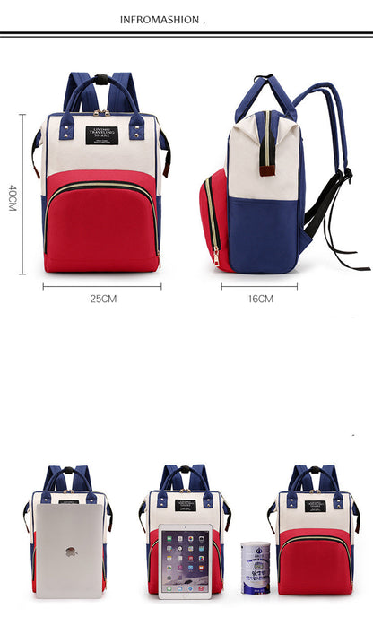 Backpack with red and blue design, shown with measurements and product placement details. bleu ribbon