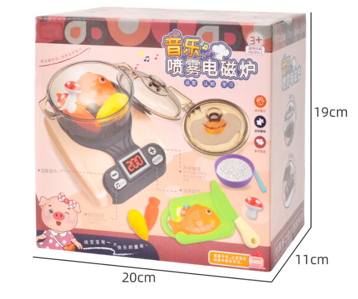 Toy stove set with cooking utensils in a box, featuring a digital clock and frying pan. bleu ribbon