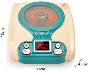 White and teal electronic device with digital display and control buttons, shown with measurements. bleu ribbon