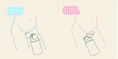Illustration of a boy and girl holding bottles labeled 'Boy' and 'Girl' on a beige background. Portable_Baby_Hygiene_Toilet_for_Travel_Aube_Baby_Urinal_ bleu ribbon