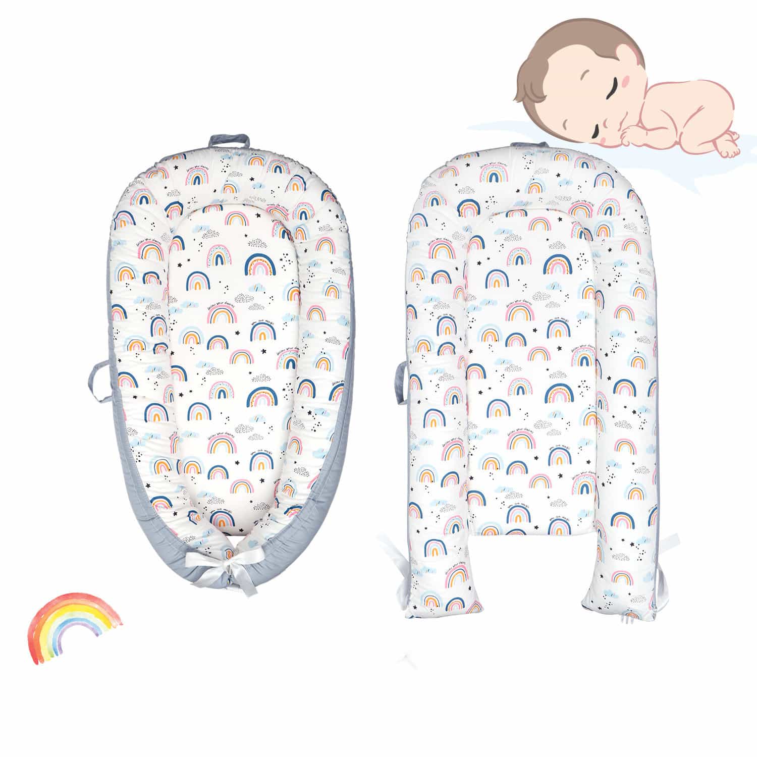 Baby nest with rainbow pattern and sleeping baby illustration on a white background bleu ribbon baby