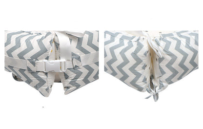 Two views of a baby crib bumper with gray and white chevron pattern and white bow. bleu ribbon baby