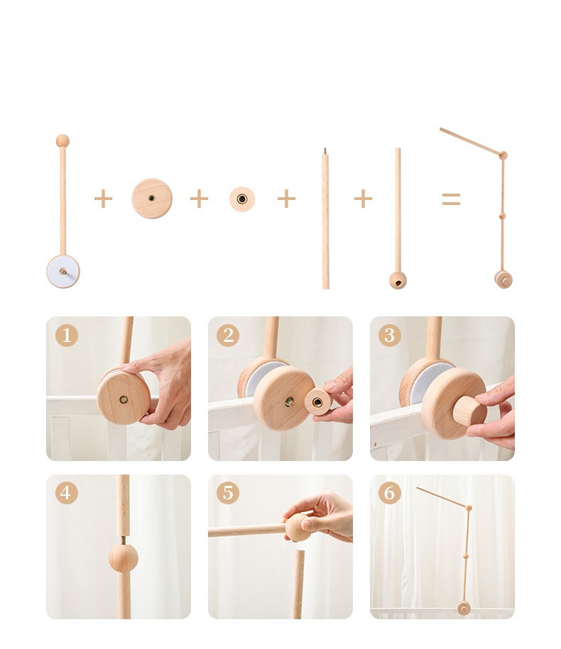 Step-by-step assembly of a wooden toy with numbered steps on a white background bleu ribbon