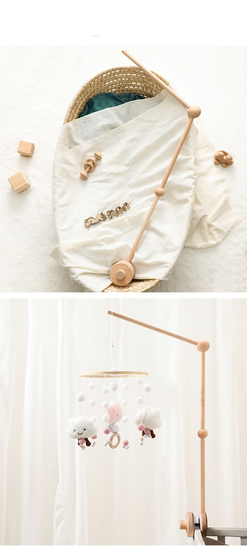 Baby crib mobile with wooden stand and hanging toys on a white background bleu ribbon