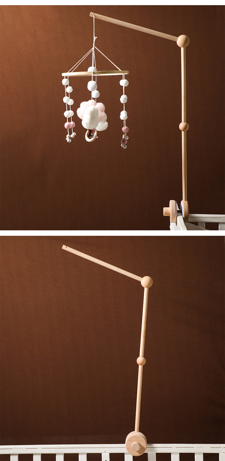 Baby mobile with cloud design hanging from a stand against a brown background bleu ribbon