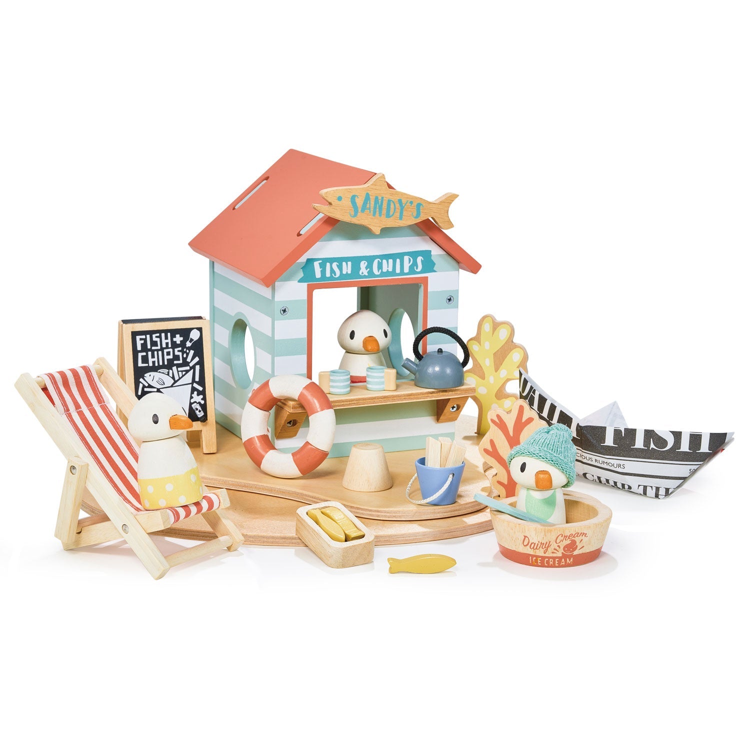Toy fish and chip shop set with penguins and beach accessories on a white background. Sandy's Beach Hut by Tender Leaf Toys - Wooden fish and chips stall set