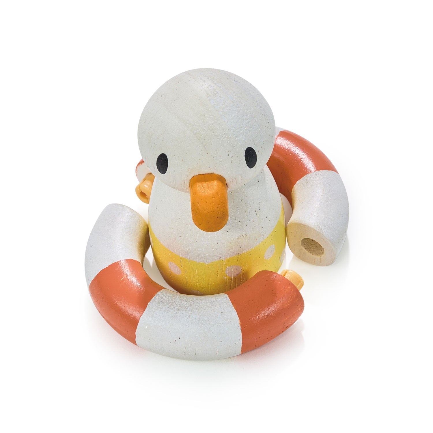 Toy duck with a life preserver on a white background. Sandy's Beach Hut by Tender Leaf Toys - Wooden fish and chips stall set