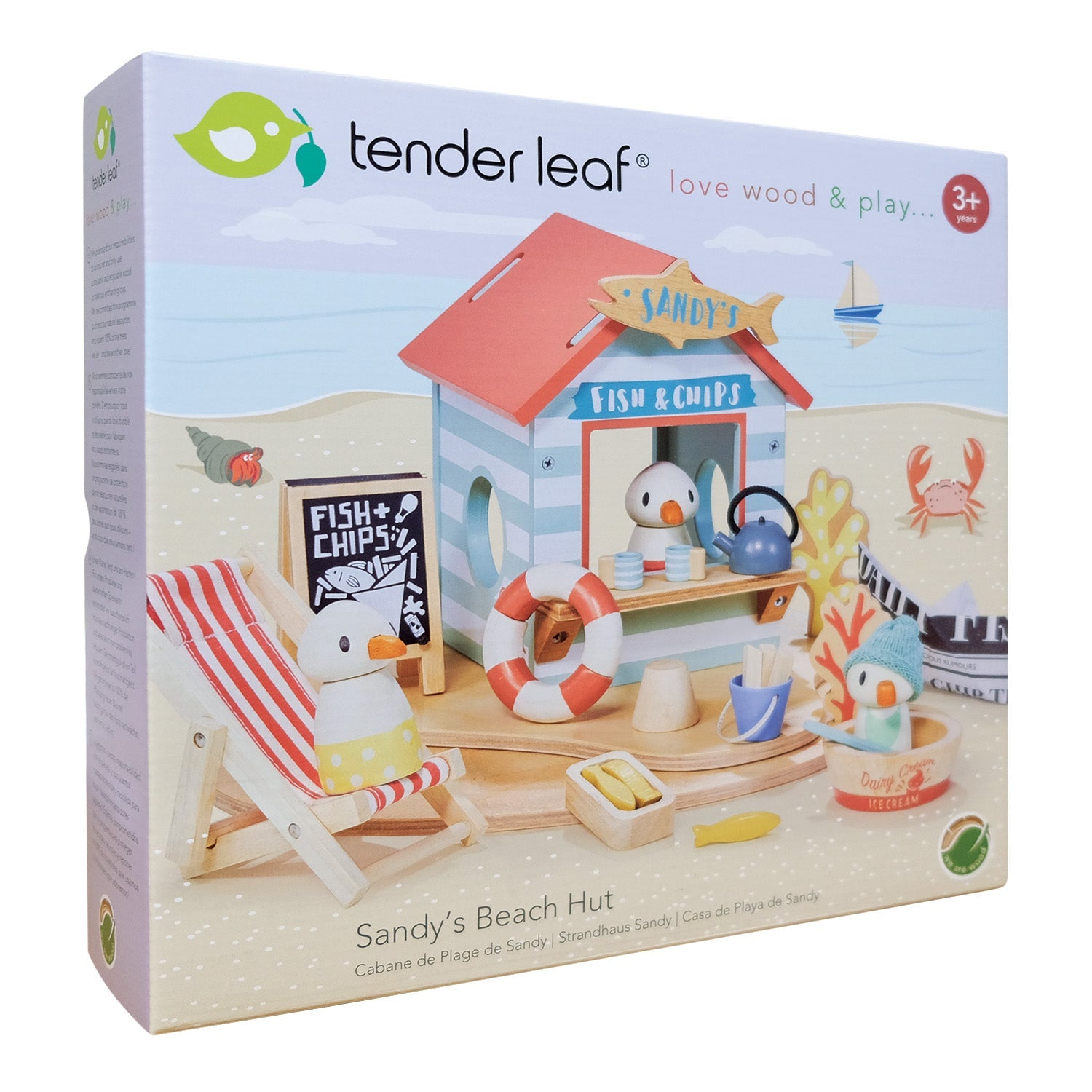 Tender Leaf Toys Sandy's Beach Hut packaging on a white background. Sandy's Beach Hut by Tender Leaf Toys - Wooden fish and chips stall set
