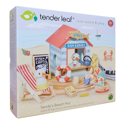 Tender Leaf Toys Sandy's Beach Hut packaging on a white background. Sandy's Beach Hut by Tender Leaf Toys - Wooden fish and chips stall set