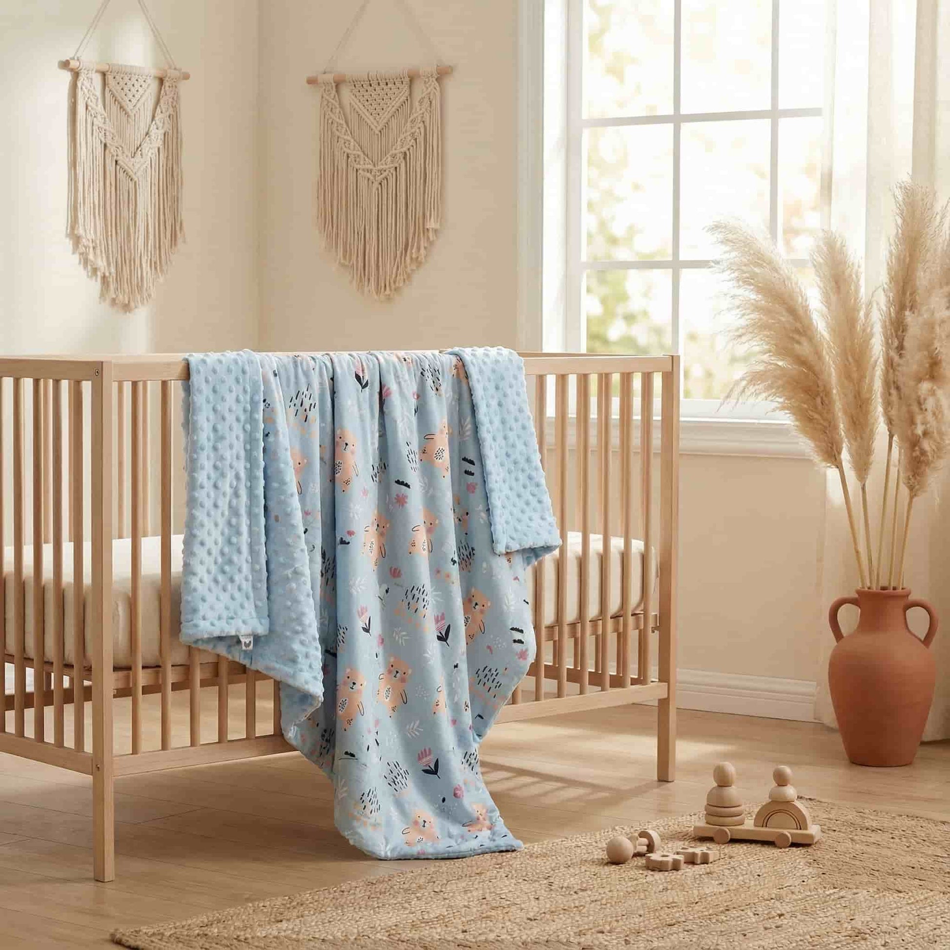 Nursery room with a crib and blue patterned blanket, natural light, and decorative elements. bleu ribbon