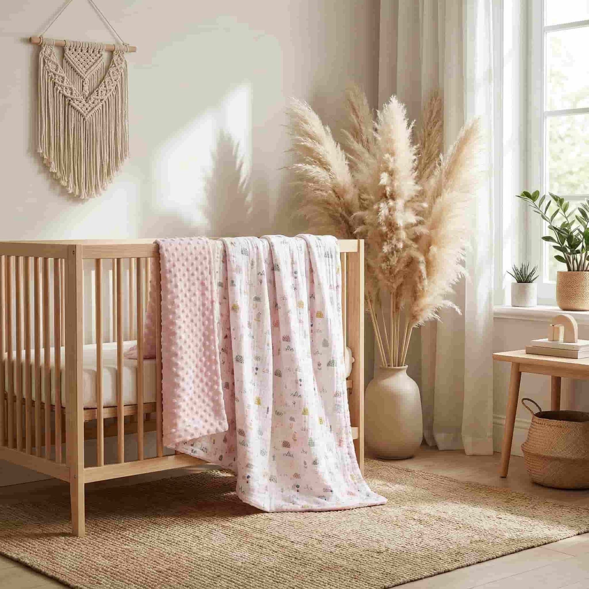 Nursery room with wooden crib, pink blanket, and decorative elements. bleu ribbon baby