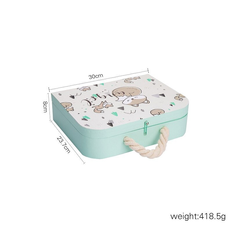 Light blue storage box with cartoon design and measurements on a white background bleu ribbon baby