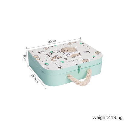 Light blue storage box with cartoon design and measurements on a white background bleu ribbon baby
