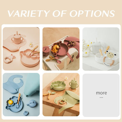 Collage of children's tableware in various colors with text 'VARIETY OF OPTIONS'. bleu ribbon baby