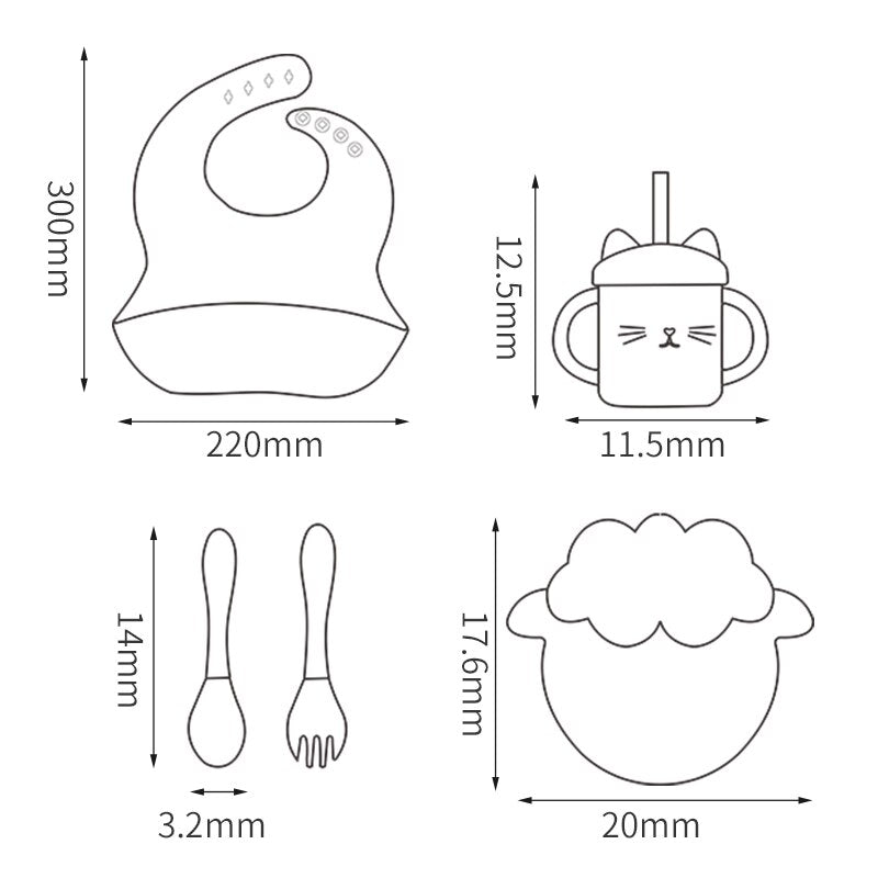 Measurement chart of baby feeding items including a bib, cup, spoon, and plate with dimensions. bleu ribbon