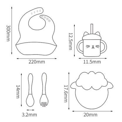 Measurement chart of baby feeding items including a bib, cup, spoon, and plate with dimensions. bleu ribbon