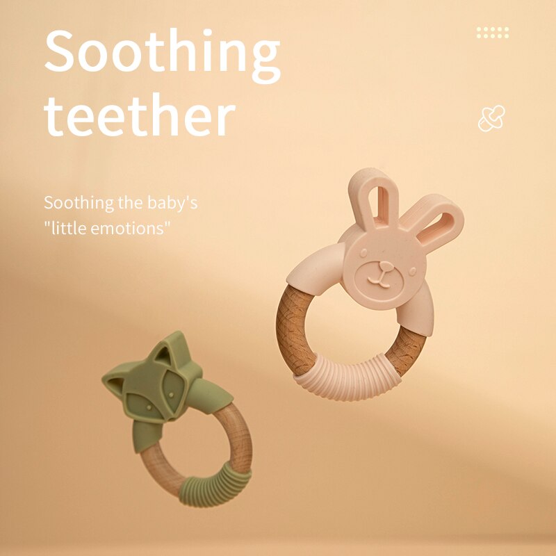 Two teething rings, one pink and one green, on a beige background with text about soothing a baby's 'little emotions'. bleu ribbon baby