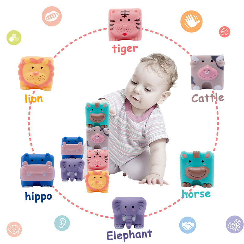 Baby playing with colorful animal-shaped toys on a white background Soft Baby Building Blocks Squeezable Teething Toys & Bath Blocks bleu ribbon
