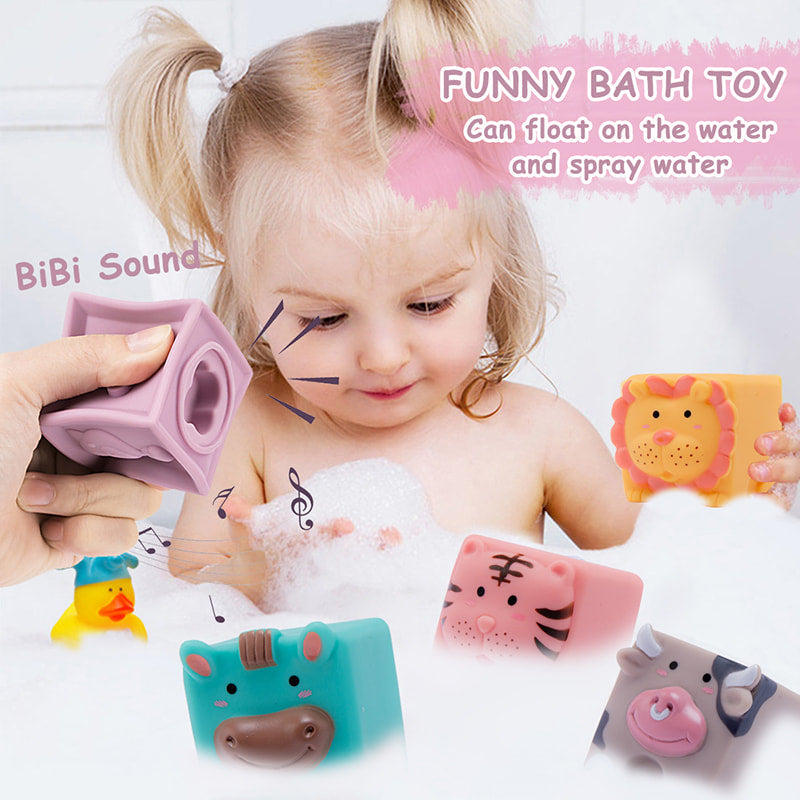Child playing with colorful bath toys in a bathtub, with text about the toys' features. bleu ribbon baby