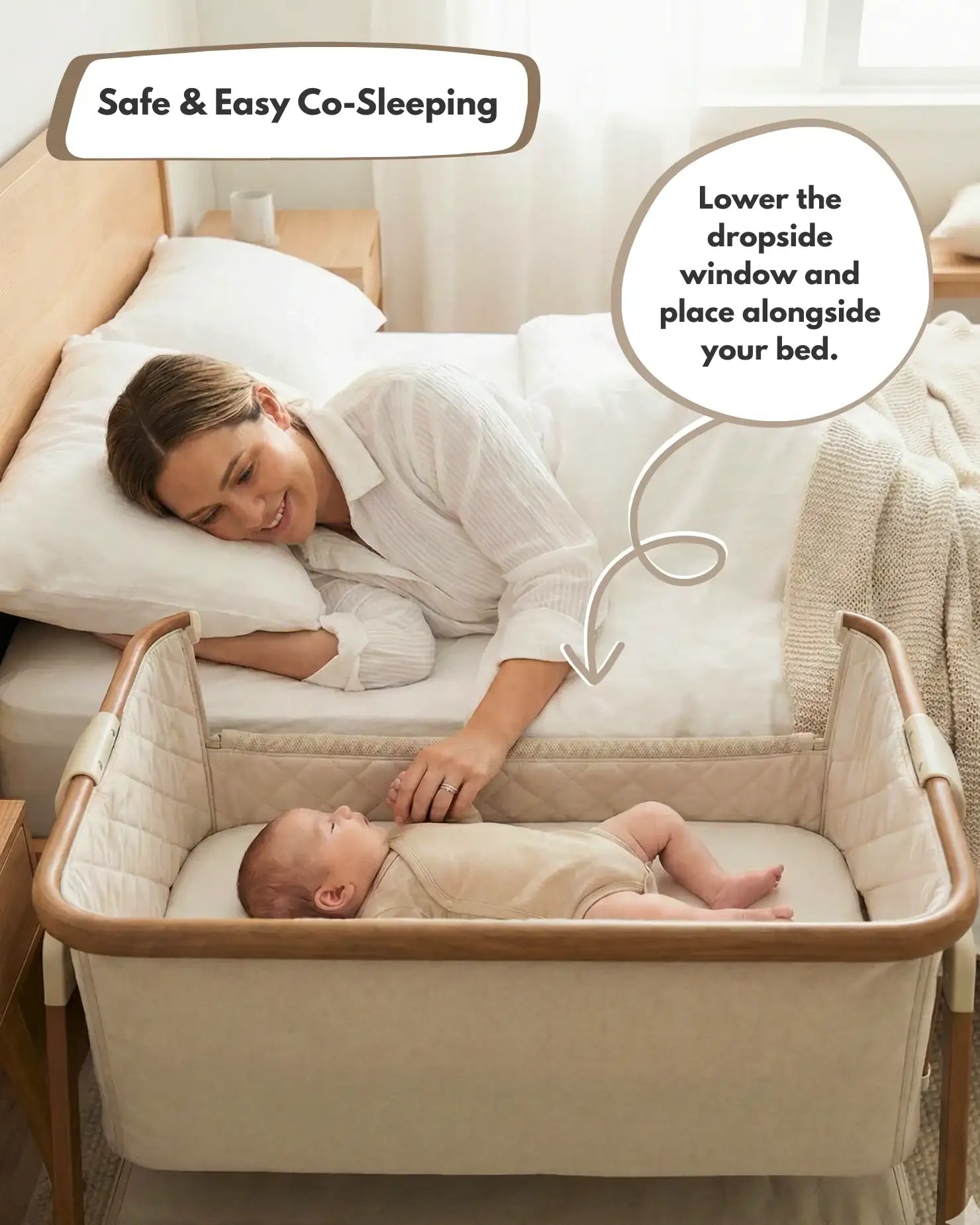 Venture Sona Bedside Crib in Beige - Safe co-sleeping crib for newborns.