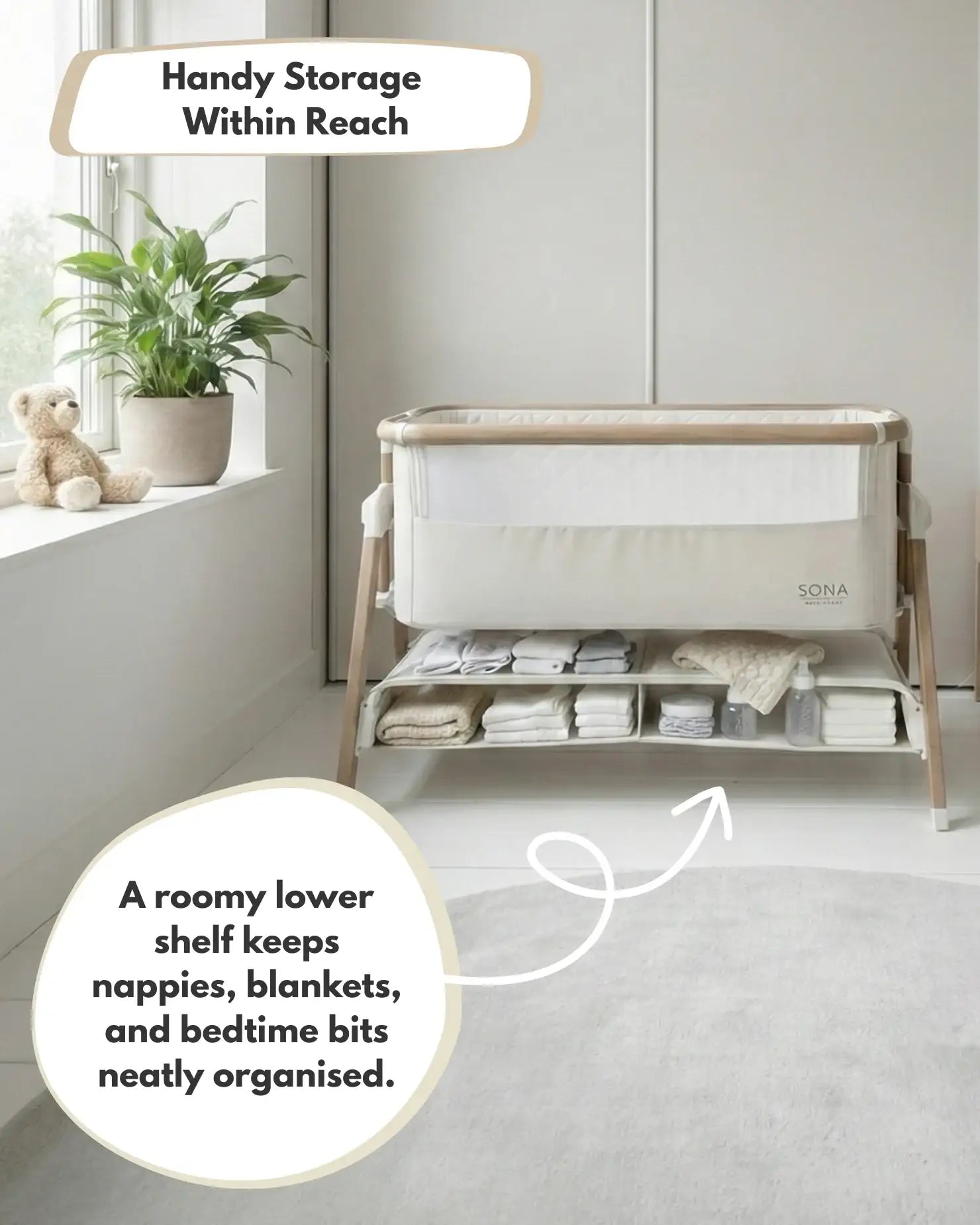 Venture Sona Bedside Crib in Beige - Safe co-sleeping crib for newborns.