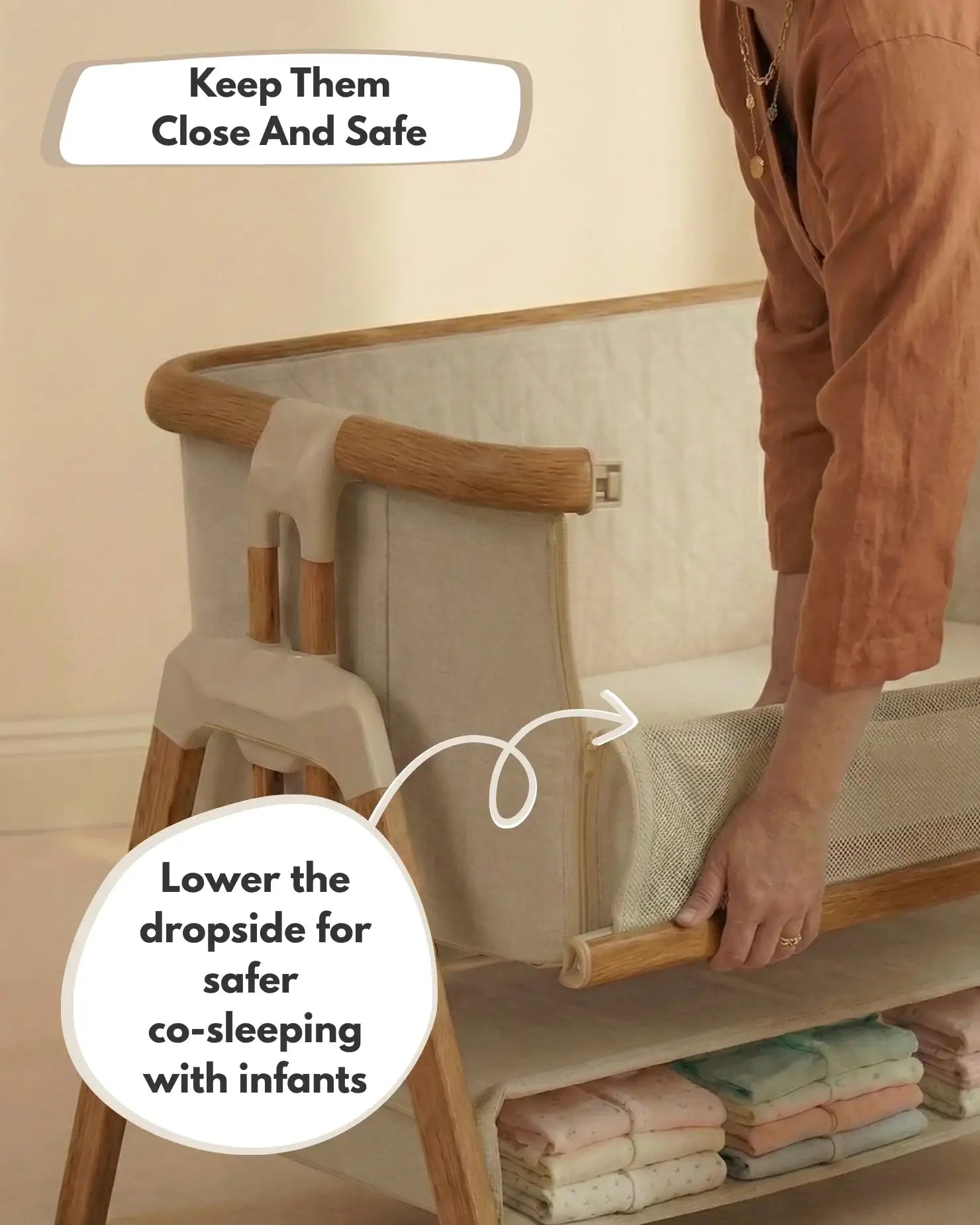 Venture Sona Bedside Crib in Beige - Safe co-sleeping crib for newborns.