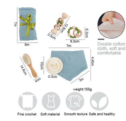 Baby product set with dimensions and features on a white background bleu ribbon