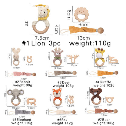 Collection of baby teething toys with measurements and weights on a white background bleu ribbon