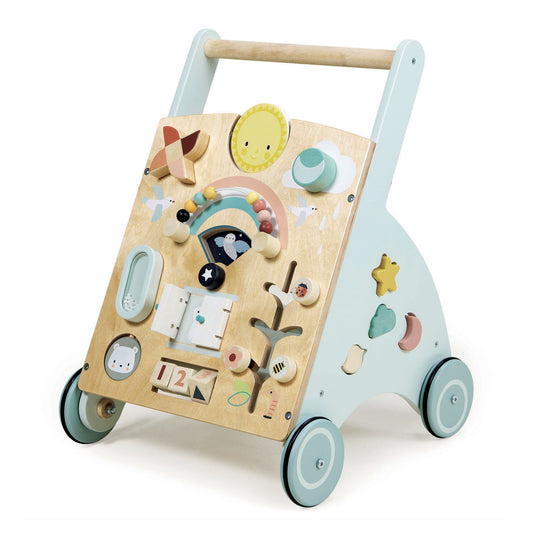 Children's wooden activity walker with colorful shapes and patterns. Sunshine Baby Activity Walker by Tender Leaf Toys - Modern wooden toddler walker