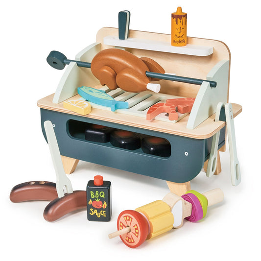 Toy barbecue set with various accessories on a white background. Barbeque Play Set by Tender Leaf Toys - Wooden BBQ toy with rotisserie chicken