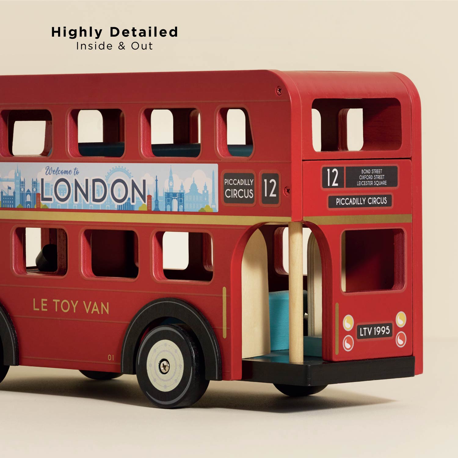 London Wooden Bus by Le Toy Van with detailed design on a beige background