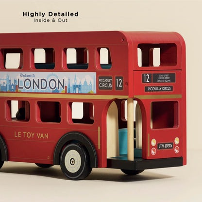 London Wooden Bus by Le Toy Van with detailed design on a beige background