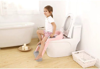 Child using a potty seat on a toilet in a bathroom setting bleu ribbon