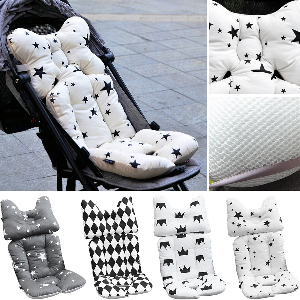 Baby stroller seat cover with star pattern on a stroller, close-up of cover, and various patterns shown. bleu ribbon