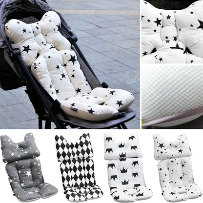Baby stroller seat cover with star pattern on a stroller, close-up of cover, and various patterns shown. bleu ribbon