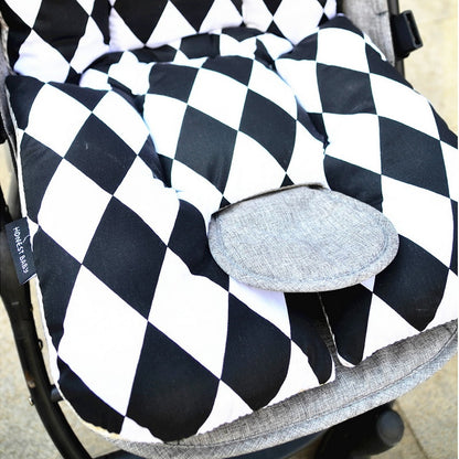 Black and white checkered cover on a stroller with a gray cushion. Universal Stroller Cushion Thick Baby Car Seat Liner & Headrest bleu ribbon