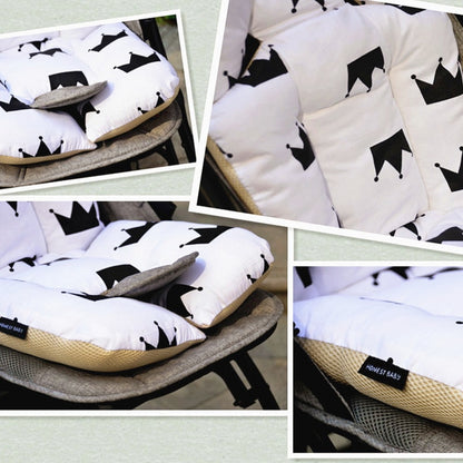 Collage of baby seat covers with black crowns on white background bleu ribbon