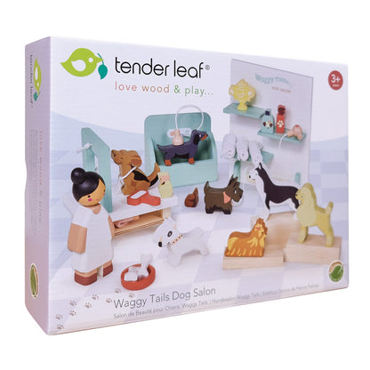 Tender Leaf Toys Waggy Tails Dog Salon packaging with wooden animal toys and a doctor figure. Waggy Tails Dog Salon by Tender Leaf Toys - Wooden dog grooming set with 7 breeds