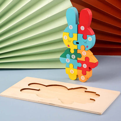 Wooden Children's Cartoon Number Animal Puzzle 3D Educational Toy BleuRibbon Baby