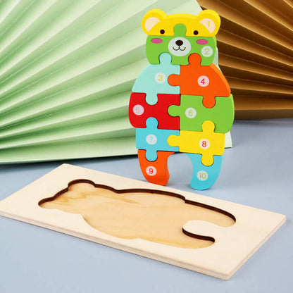 Wooden Children's Cartoon Number Animal Puzzle 3D Educational Toy BleuRibbon Baby