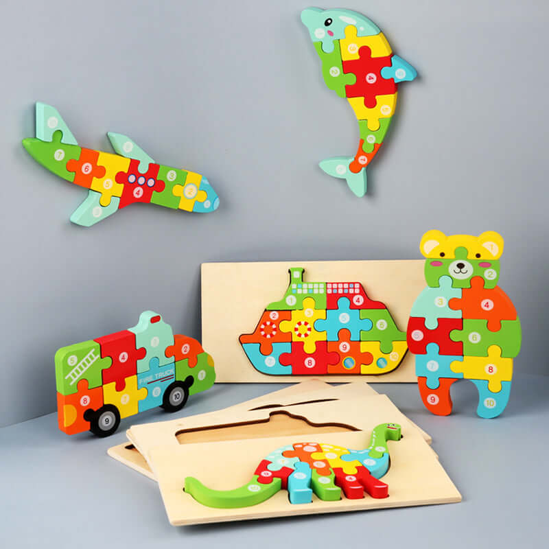 Wooden Children's Cartoon Number Animal Puzzle 3D Educational Toy BleuRibbon Baby