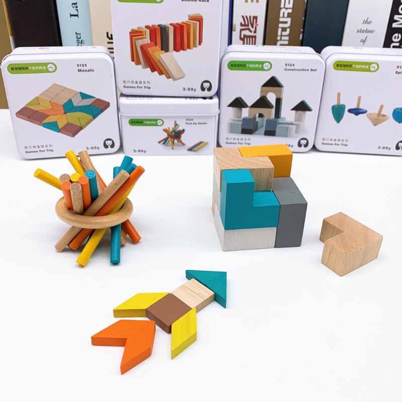 Colorful wooden geometric building blocks with packaging in the background Wooden Cube Puzzle in Tin Box Toddler Travel Toy & Brain Teaser bleu ribbon