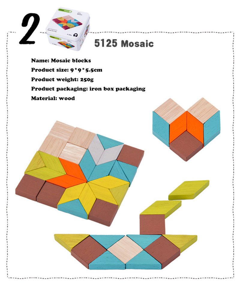 Colorful mosaic blocks with packaging and product details on a white background Wooden Cube Puzzle in Tin Box Toddler Travel Toy & Brain Teaser bleu ribbon