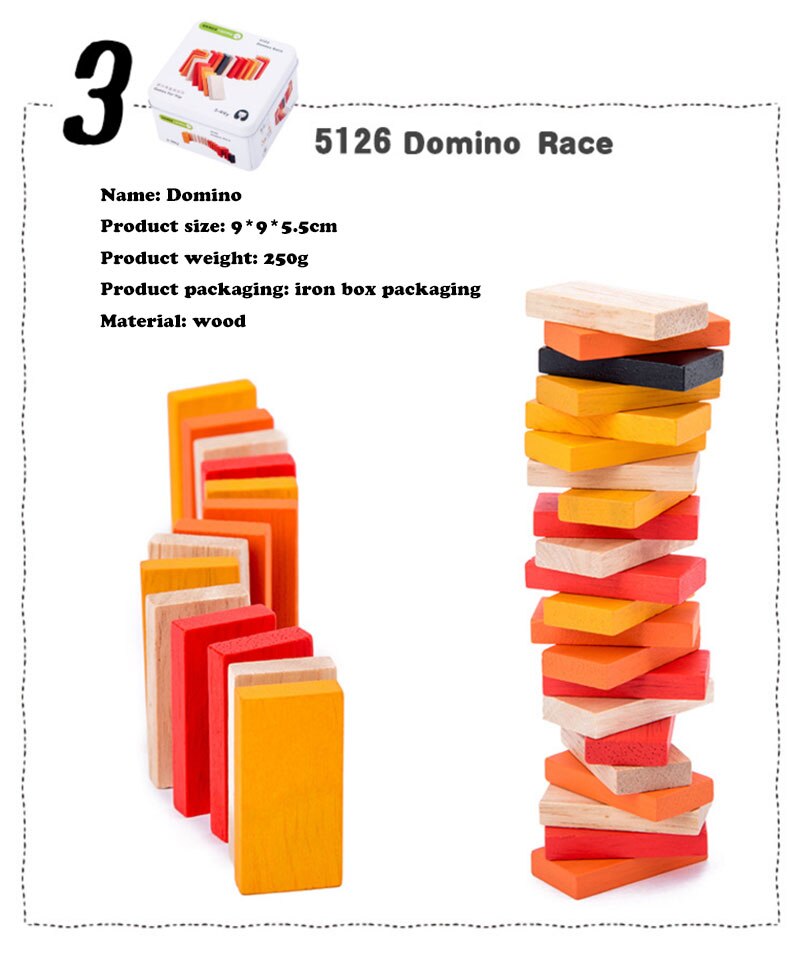Stack of wooden dominoes with product details on a white background Wooden Cube Puzzle in Tin Box Toddler Travel Toy & Brain Teaser bleu ribbon 