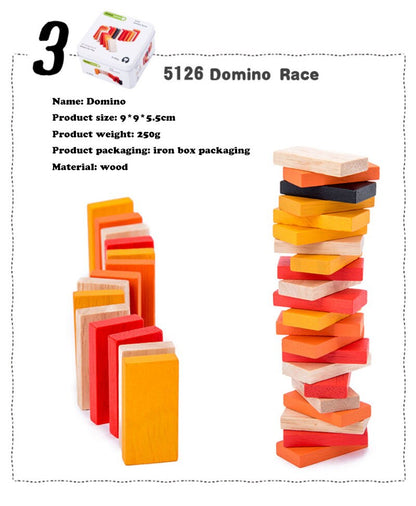 Stack of wooden dominoes with product details on a white background Wooden Cube Puzzle in Tin Box Toddler Travel Toy & Brain Teaser bleu ribbon 