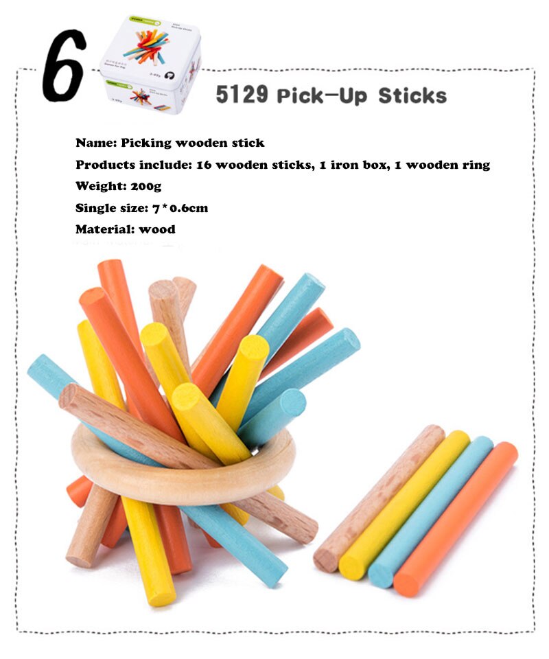 Colorful wooden pick-up sticks with packaging and product details on a white background Wooden Cube Puzzle in Tin Box Toddler Travel Toy & Brain Teaser bleu ribbon